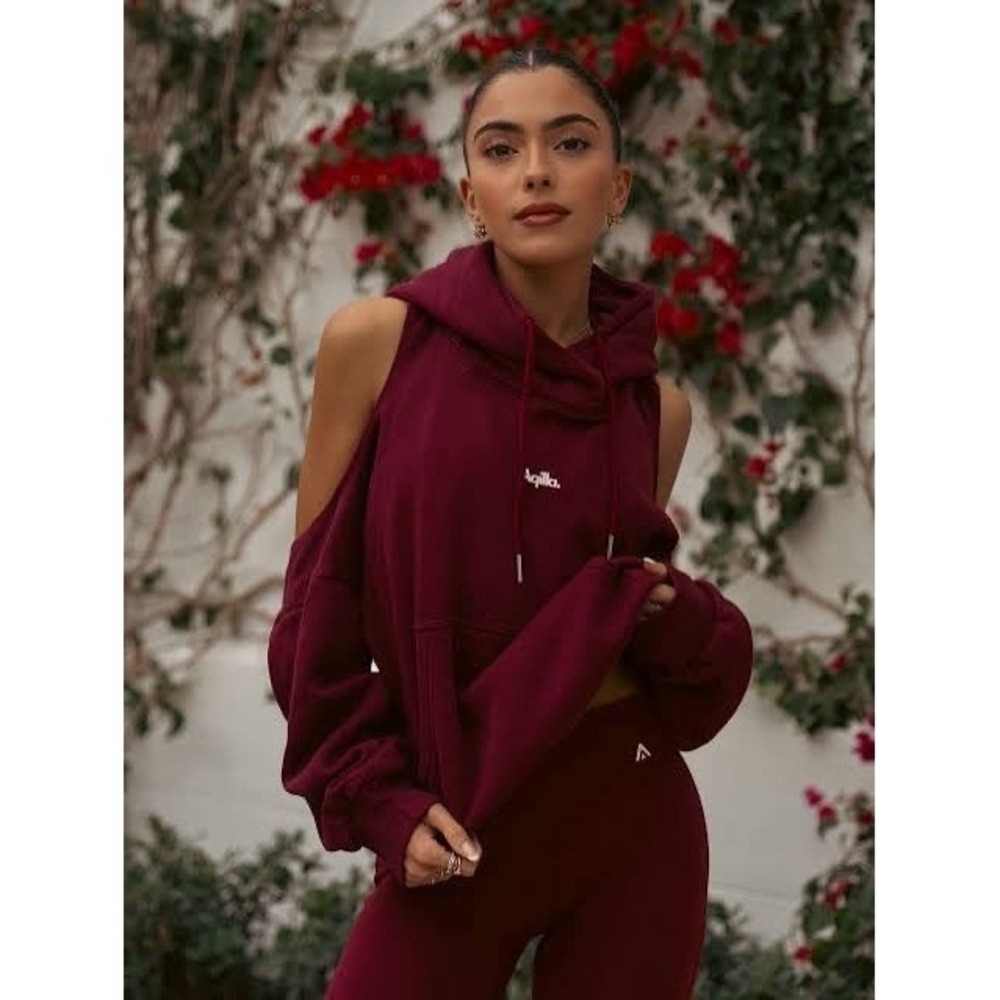 Aqilla Flex Hoodie Wine Cold Shoulder Open Back Sweatshirt XS/S New MSRP $128 - Picture 2 of 8